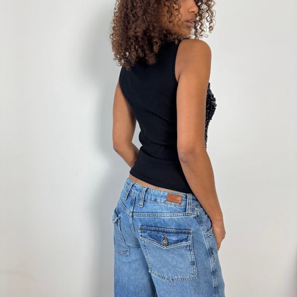 Vintage Euro black mesh sequin butterfly top (Small) - Picture 3 of 7